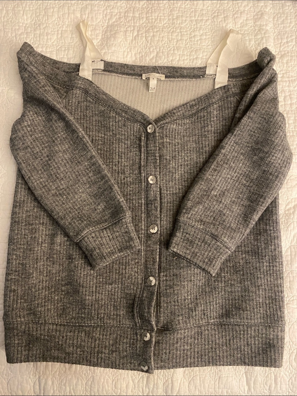 Leith Gray Ribbed V-Neck Button Cardigan